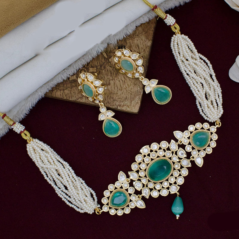 JCM Gold Plated Polki Kundan Stone And Pearls Choker Necklace Set