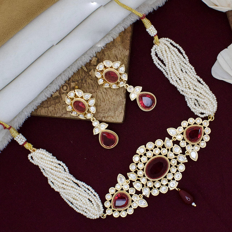 JCM Gold Plated Polki Kundan Stone And Pearls Choker Necklace Set