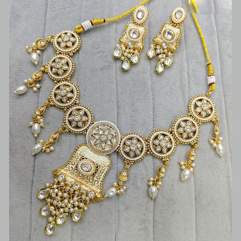 JCM Gold Plated Pota Stone And Meenakari Necklace Set