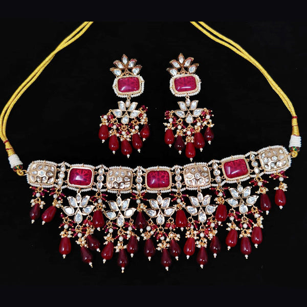 JCM Gold Plated Kundan Stone And Pearls Choker Necklace Set