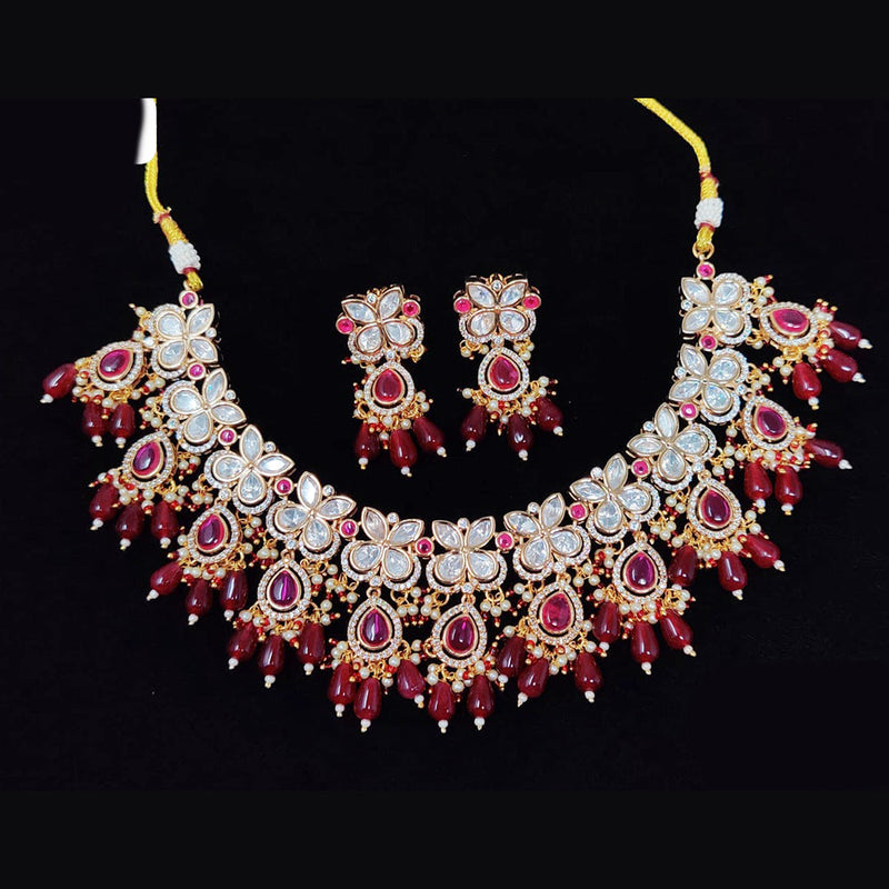 JCM Gold Plated Polki Kundan Stone And Beads Necklace Set