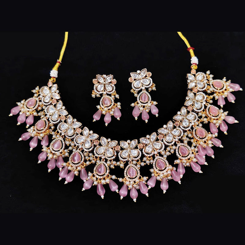 JCM Gold Plated Polki Kundan Stone And Beads Necklace Set