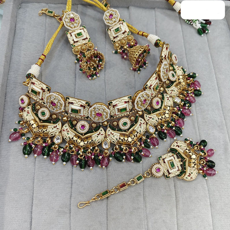 JCM Gold Plated Kundan Stone And Pearls Meenakari Choker Necklace Set