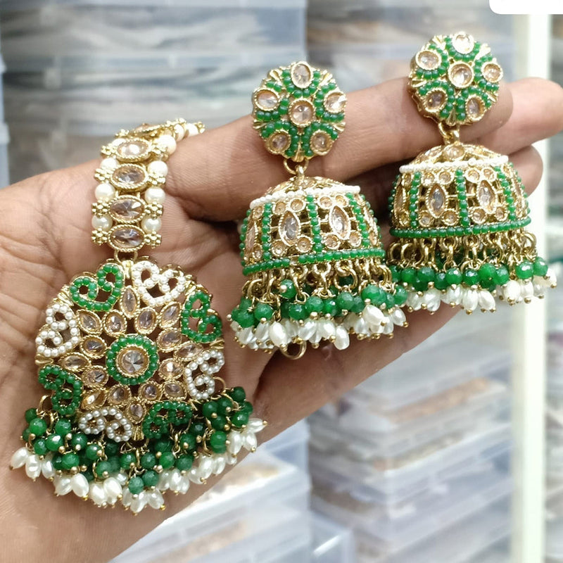 JCM Gold Plated Crystal Stone And Pearls Jhumki With Maangtikka