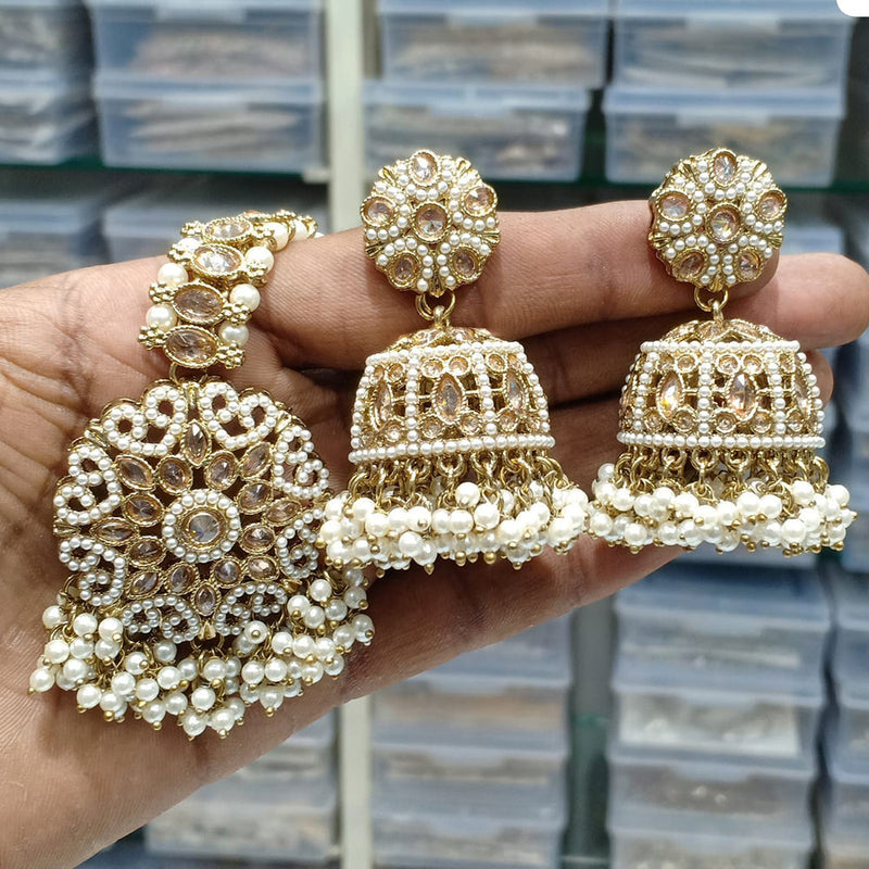 JCM Gold Plated Crystal Stone And Pearls Jhumki With Maangtikka