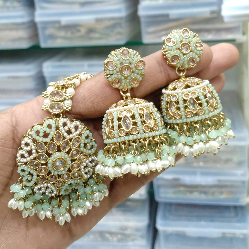 JCM Gold Plated Crystal Stone And Pearls Jhumki With Maangtikka