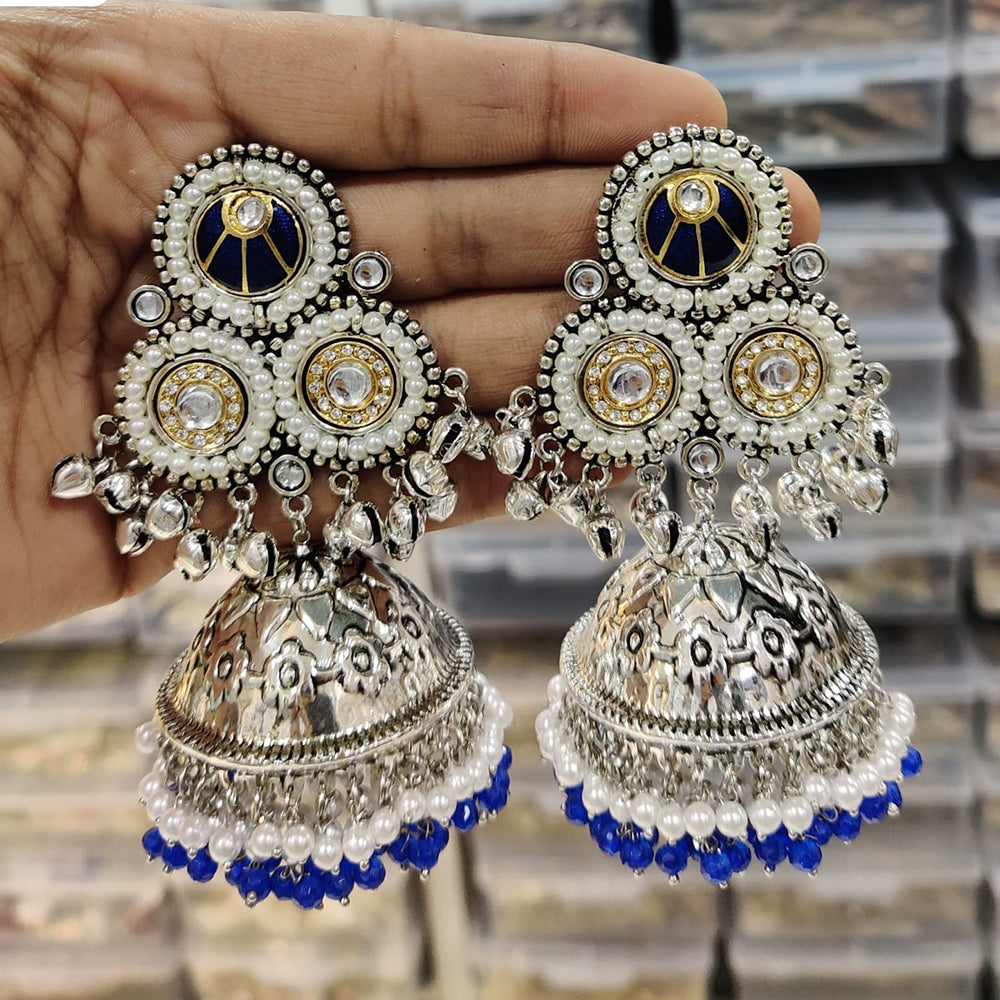 JCM 2 Tone Kundan Stone Ghungroo And Pearls Jhumki