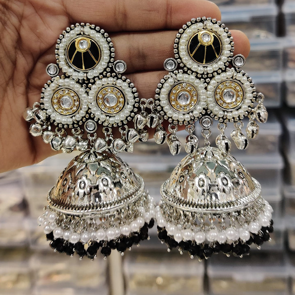 JCM 2 Tone Kundan Stone Ghungroo And Pearls Jhumki