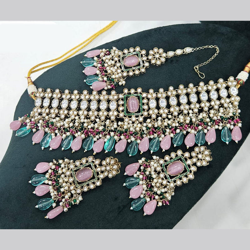 JCM Gold Plated Polki Kundan Stone And Beads Choker Necklace Set