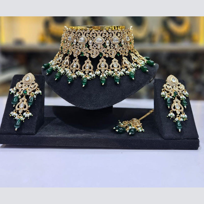 JCM Gold Plated Polki Kundan Stone And Beads Choker Necklace Set