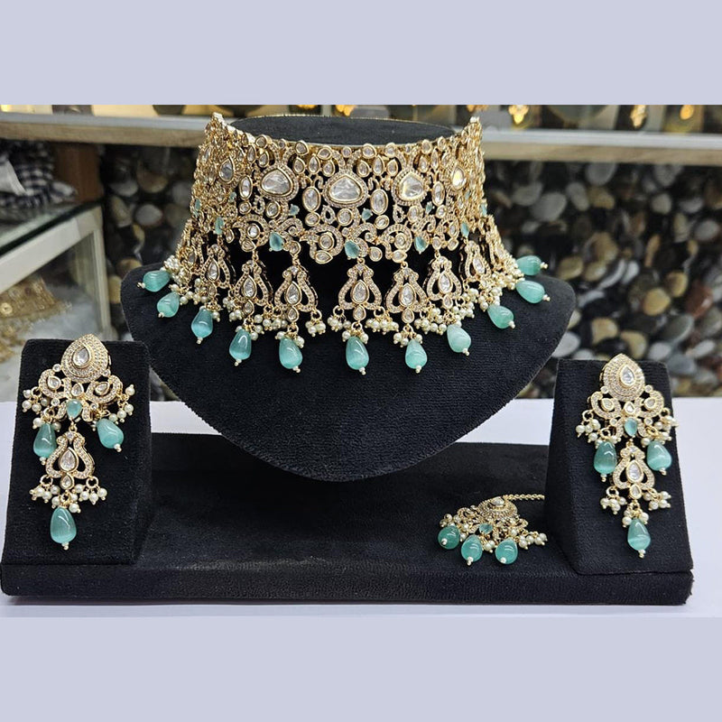 JCM Gold Plated Polki Kundan Stone And Beads Choker Necklace Set