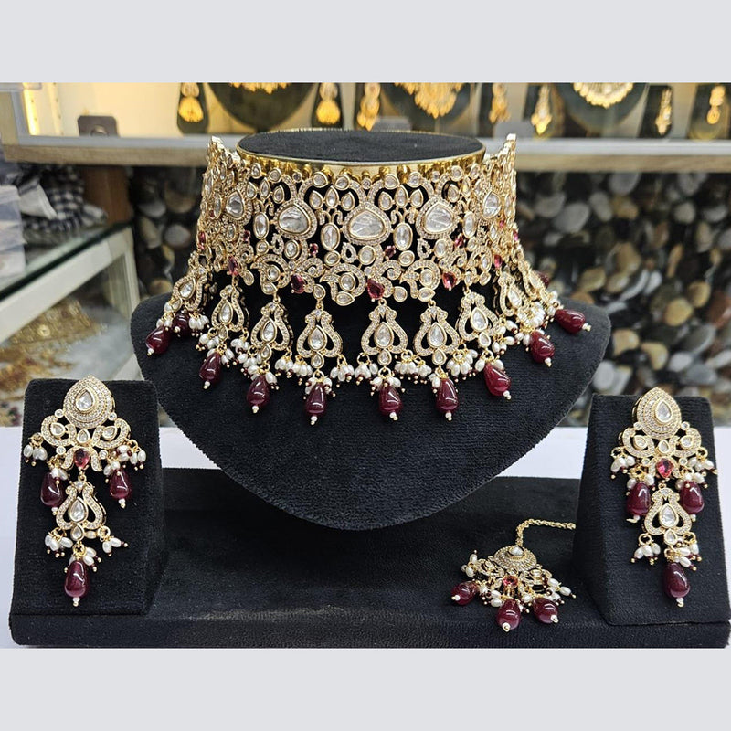 JCM Gold Plated Polki Kundan Stone And Beads Choker Necklace Set