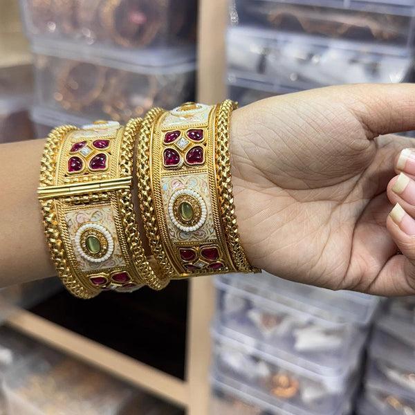 JCM Gold Plated Pota Stone And Meenakari Openable Bangles Set