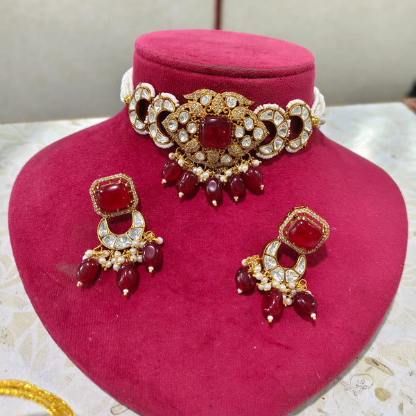 JCM Gold Plated Polki Kundan Stone And Beads Choker Necklace Set