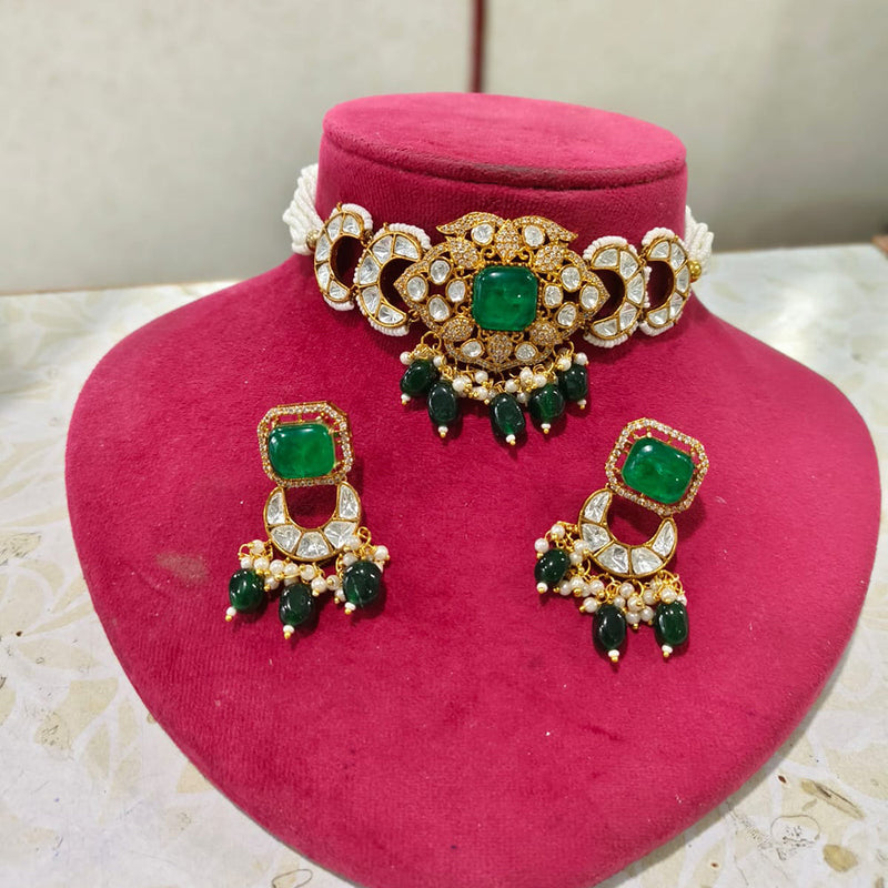 JCM Gold Plated Polki Kundan Stone And Beads Choker Necklace Set