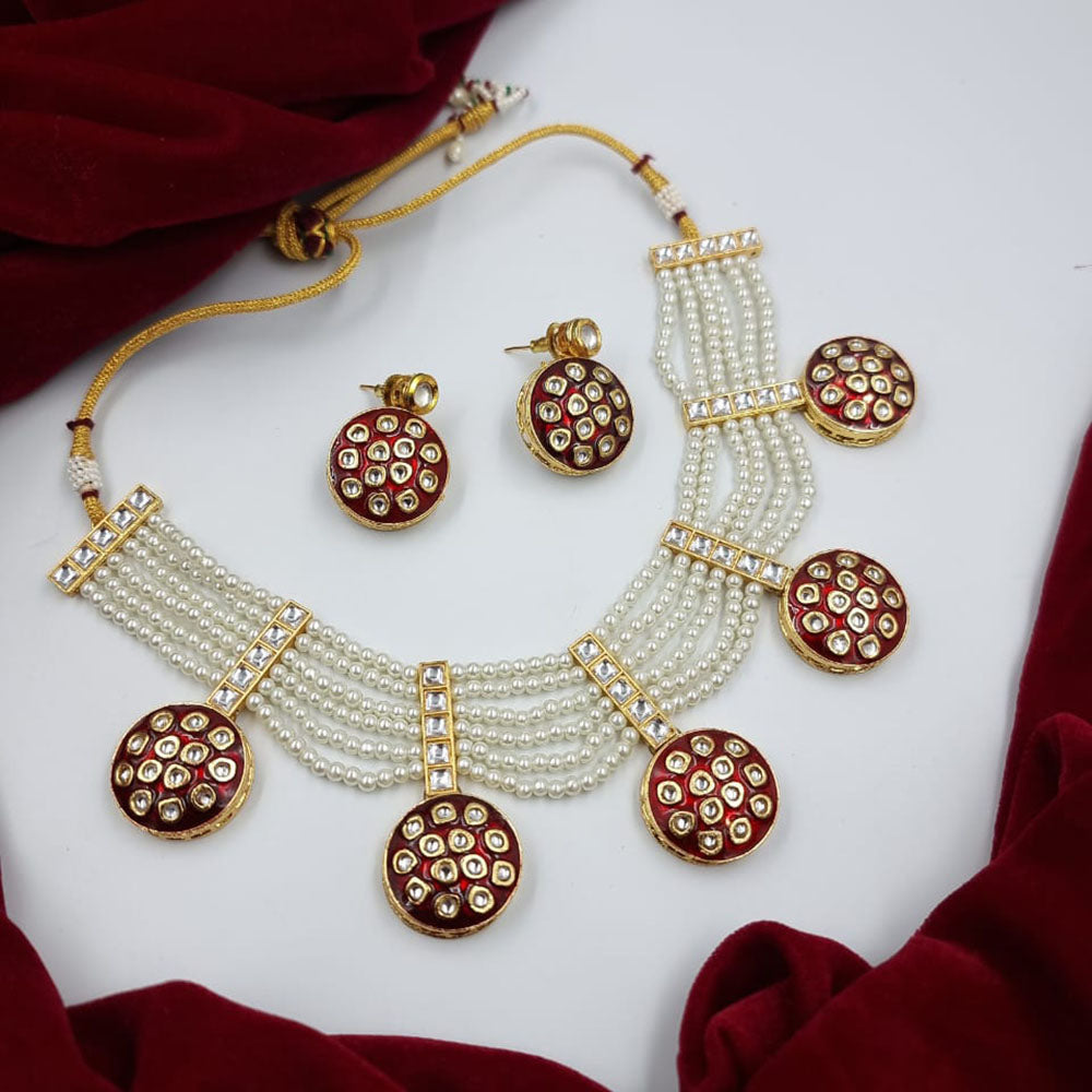 JCM Gold Plated Kundan Stone And Pearls Meenakari Necklace Set