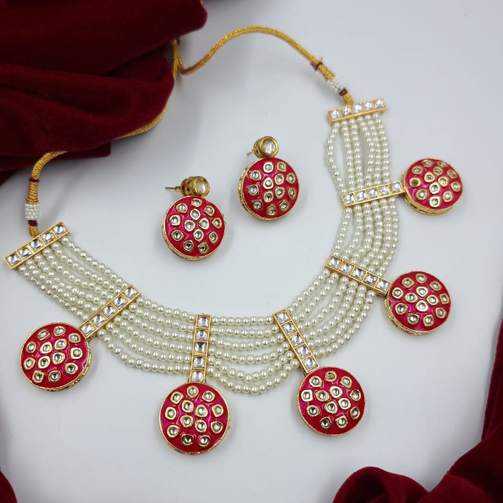 JCM Gold Plated Kundan Stone And Pearls Meenakari Necklace Set