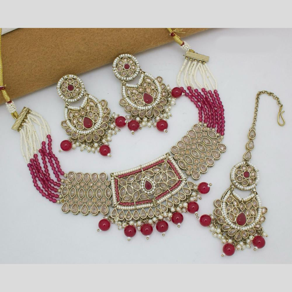 JCM Gold Plated Crystal Stone And Pearls Beads Necklace Set