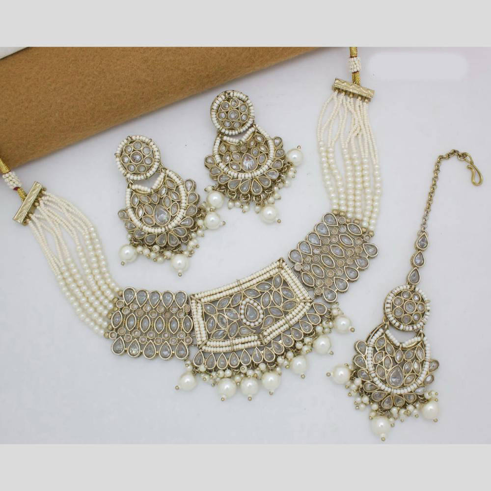 JCM Gold Plated Crystal Stone And Pearls Beads Necklace Set