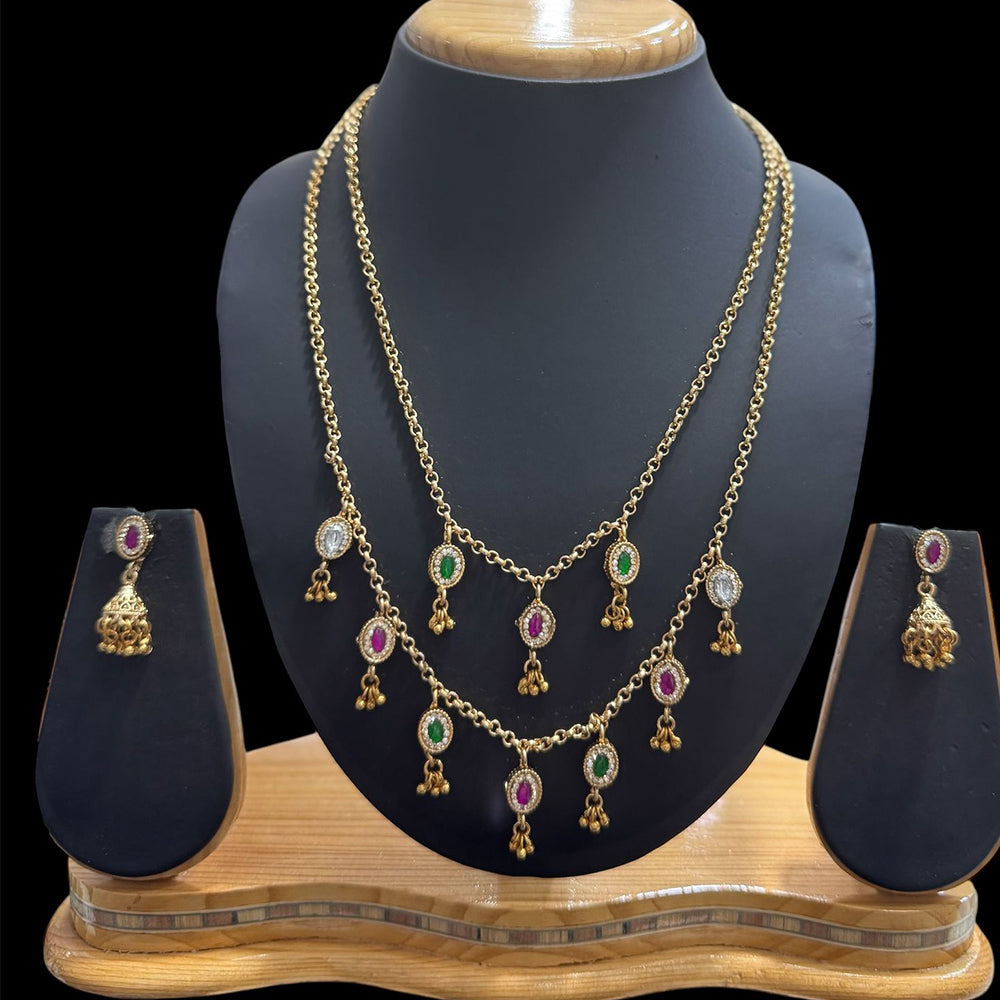 JCM Gold Plated  Pota Stone And Pearls Double Necklace Set
