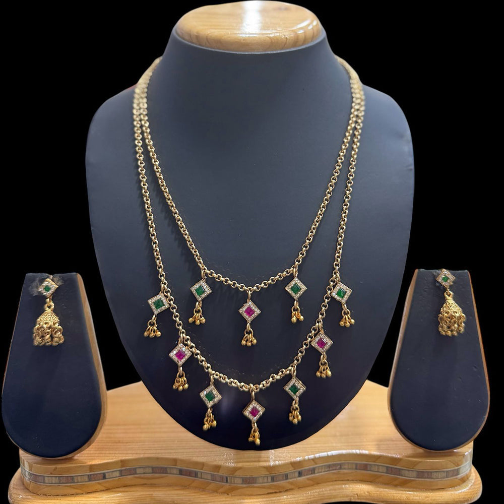 JCM Gold Plated  Pota Stone And Pearls Double Necklace Set