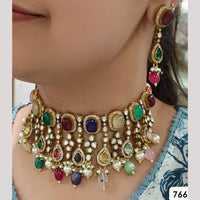 JCM Gold Plated Pota Stone And Polki Kundan Necklace Set