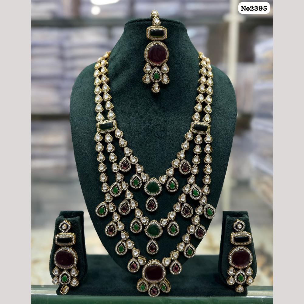 JCM Gold Plated Pota Stone And Polki Kundan Long Necklace Set
