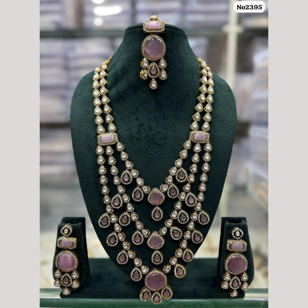 JCM Gold Plated Pota Stone And Polki Kundan Long Necklace Set