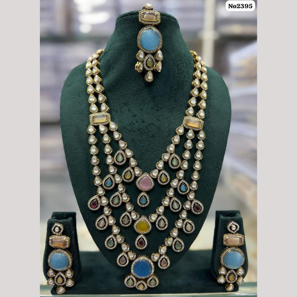 JCM Gold Plated Pota Stone And Polki Kundan Long Necklace Set