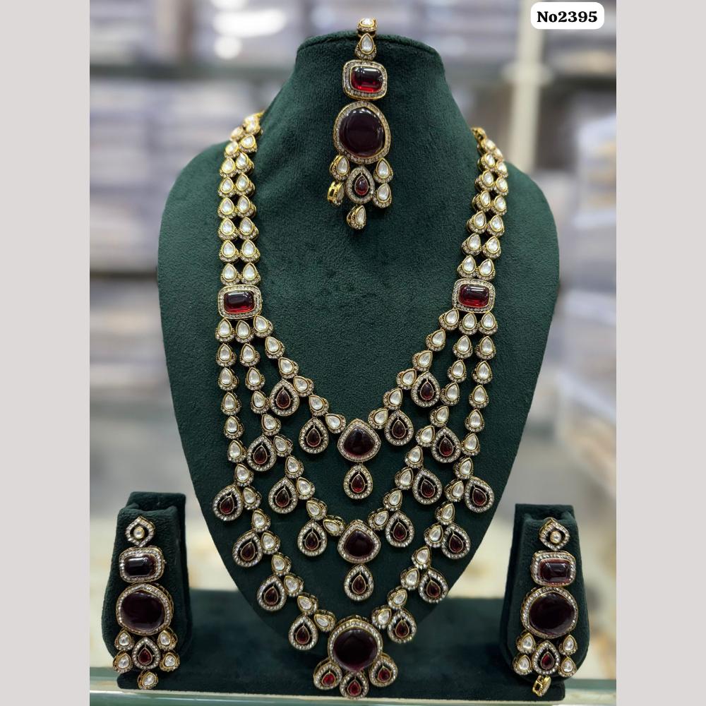 JCM Gold Plated Pota Stone And Polki Kundan Long Necklace Set