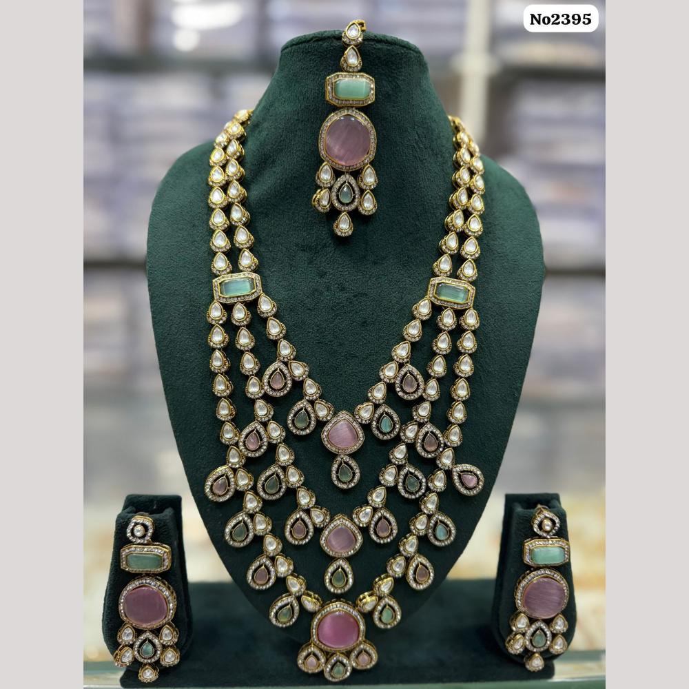 JCM Gold Plated Pota Stone And Polki Kundan Long Necklace Set