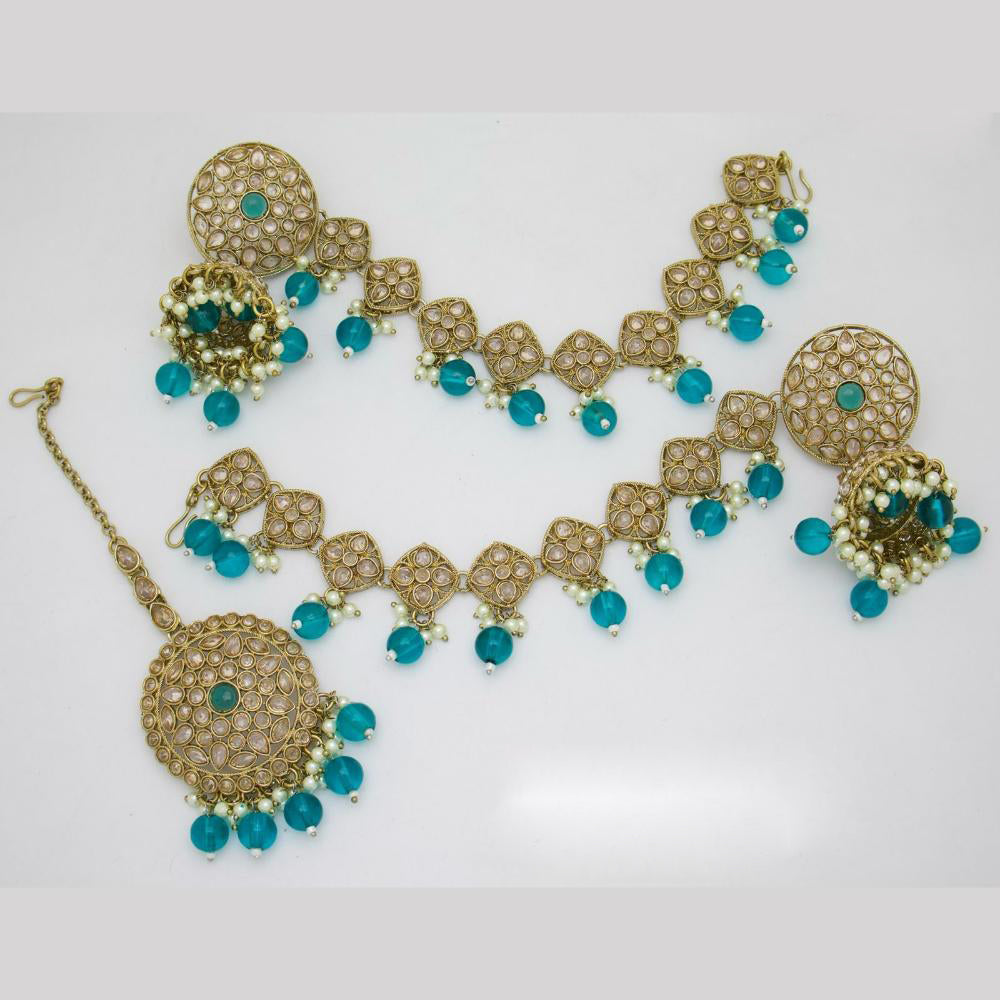JCM Gold Plated Crystal Stone And Beads Jhumki With Maangtikka