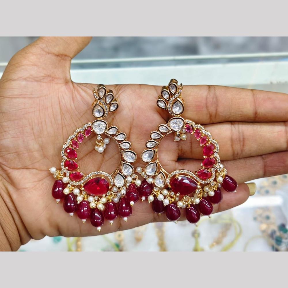 JCM Gold Plated Polki Kundan And American Diamond Pearl Beads Dangler Earrings