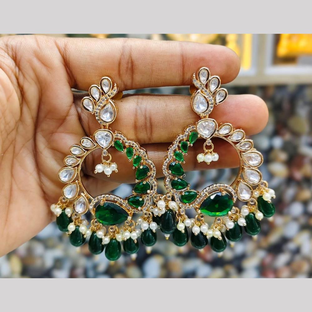 JCM Gold Plated Polki Kundan And American Diamond Pearl Beads Dangler Earrings