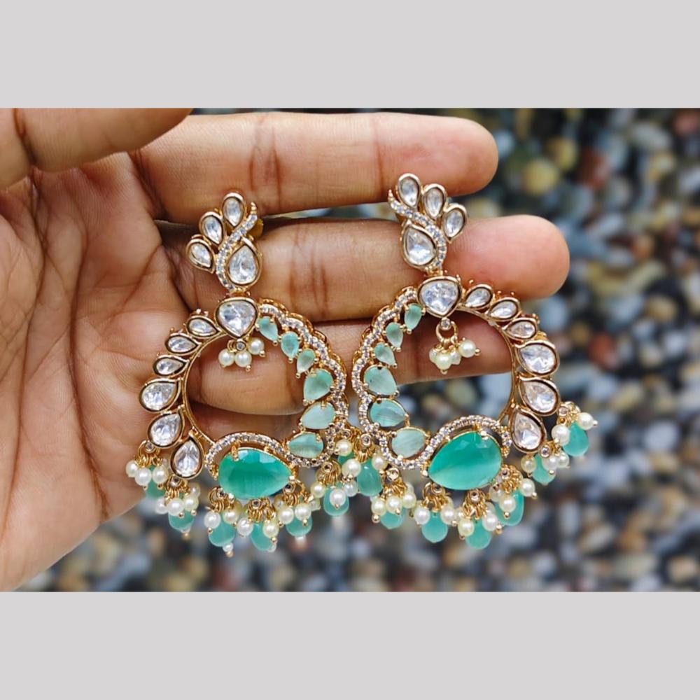 JCM Gold Plated Polki Kundan And American Diamond Pearl Beads Dangler Earrings