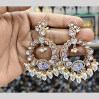 JCM Gold Plated Polki Kundan And American Diamond Pearl Beads Dangler Earrings