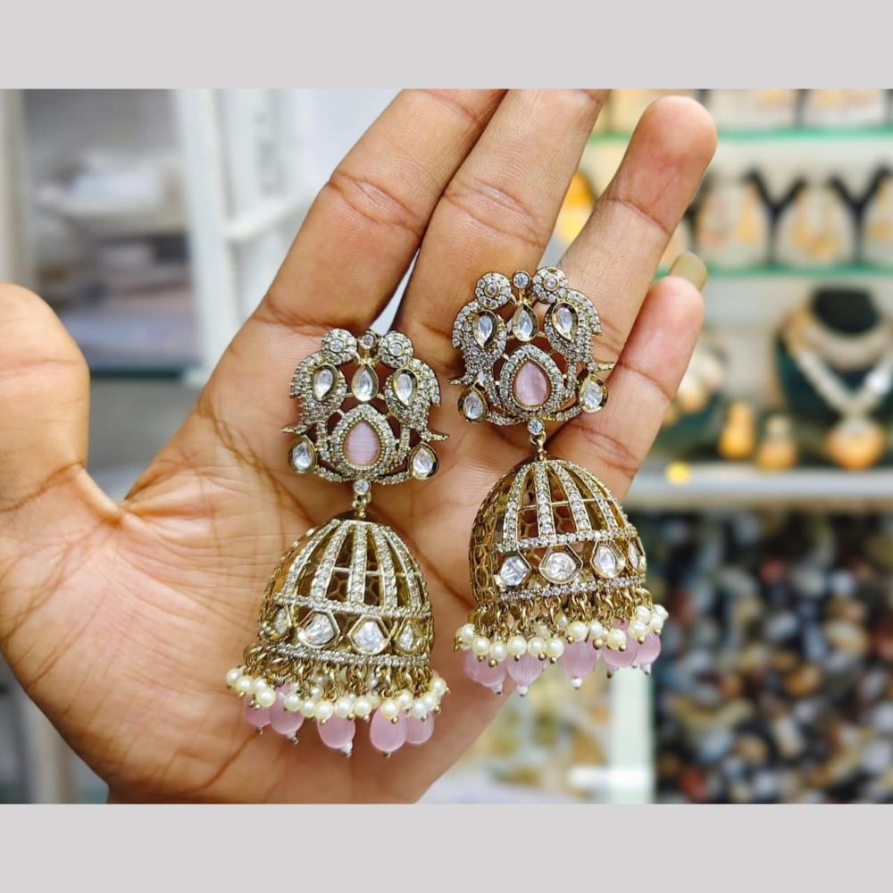 JCM Gold Plated Polki Kundan And Beads Jhumki Earrings