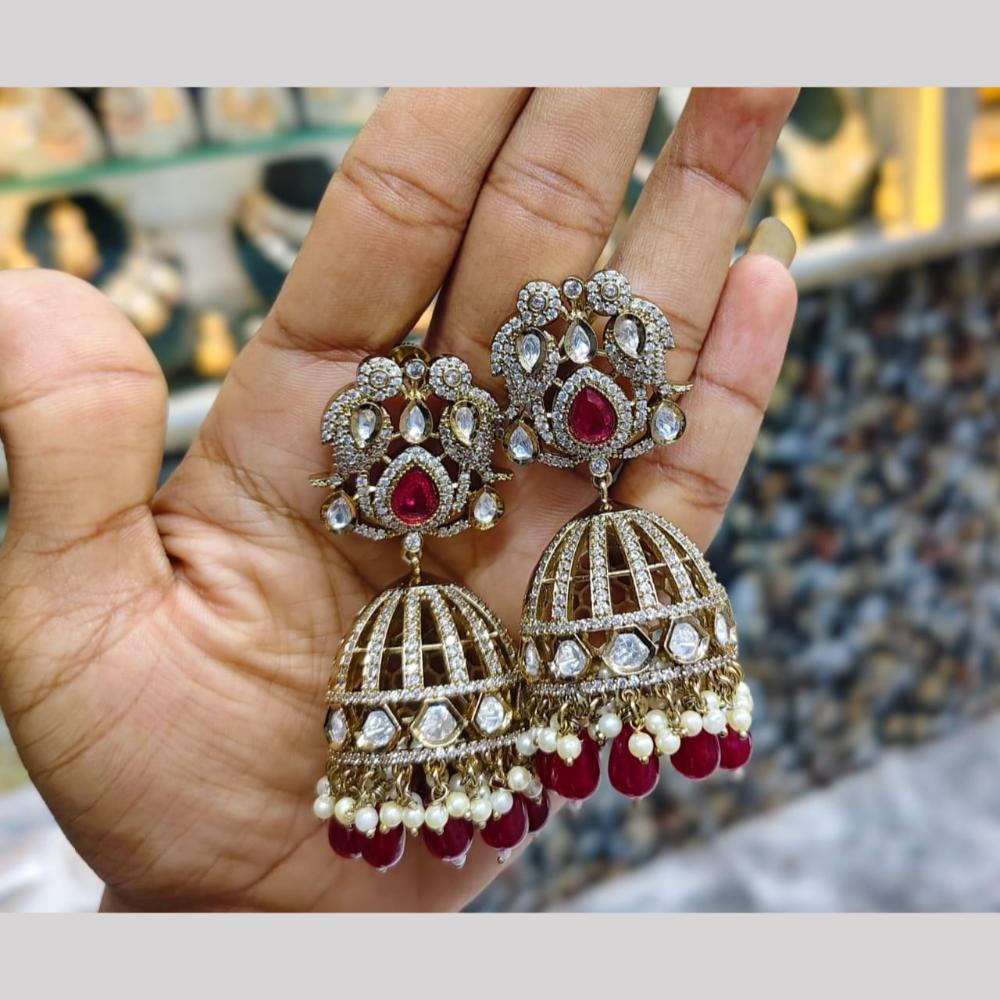 JCM Gold Plated Polki Kundan And Beads Jhumki Earrings
