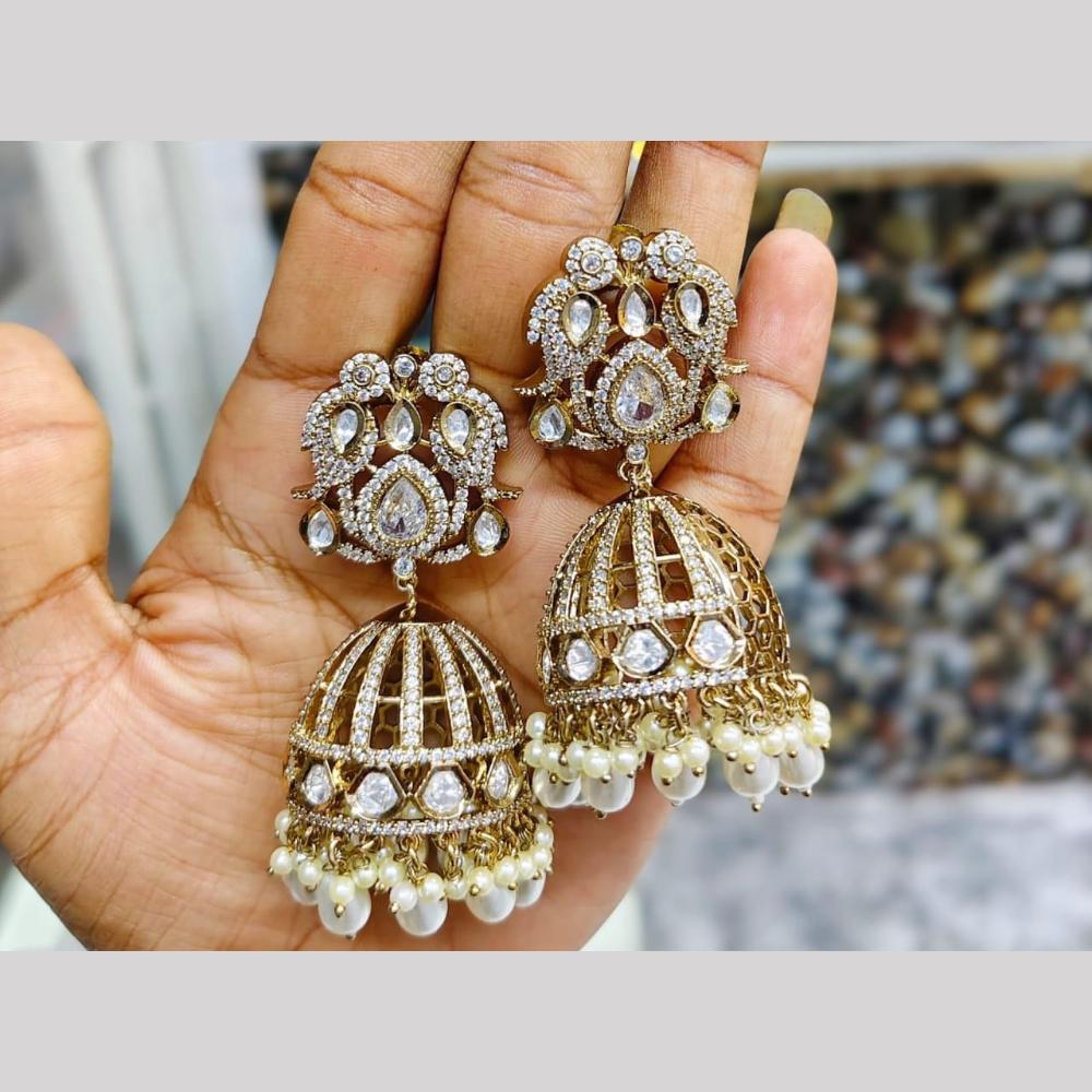 JCM Gold Plated Polki Kundan And Beads Jhumki Earrings