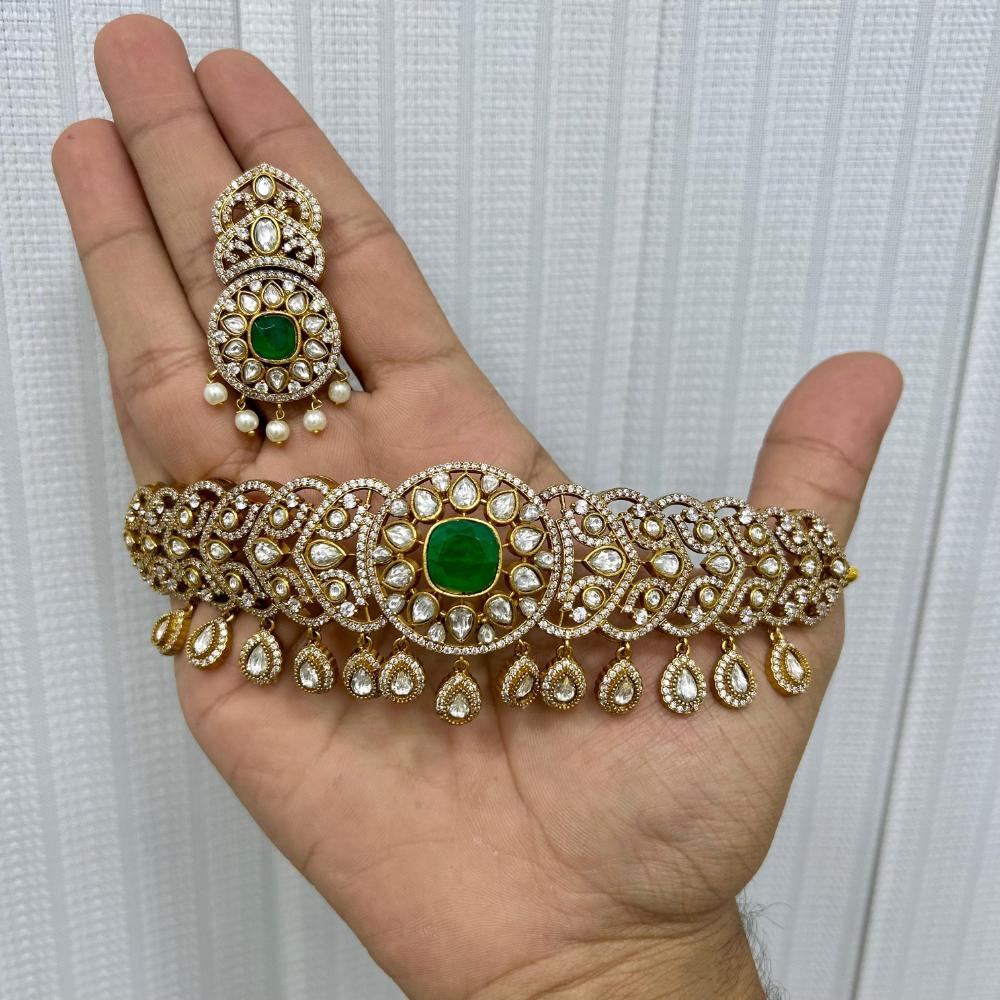 JCM Gold Plated Polki Kundan Stone Choker Necklace Set