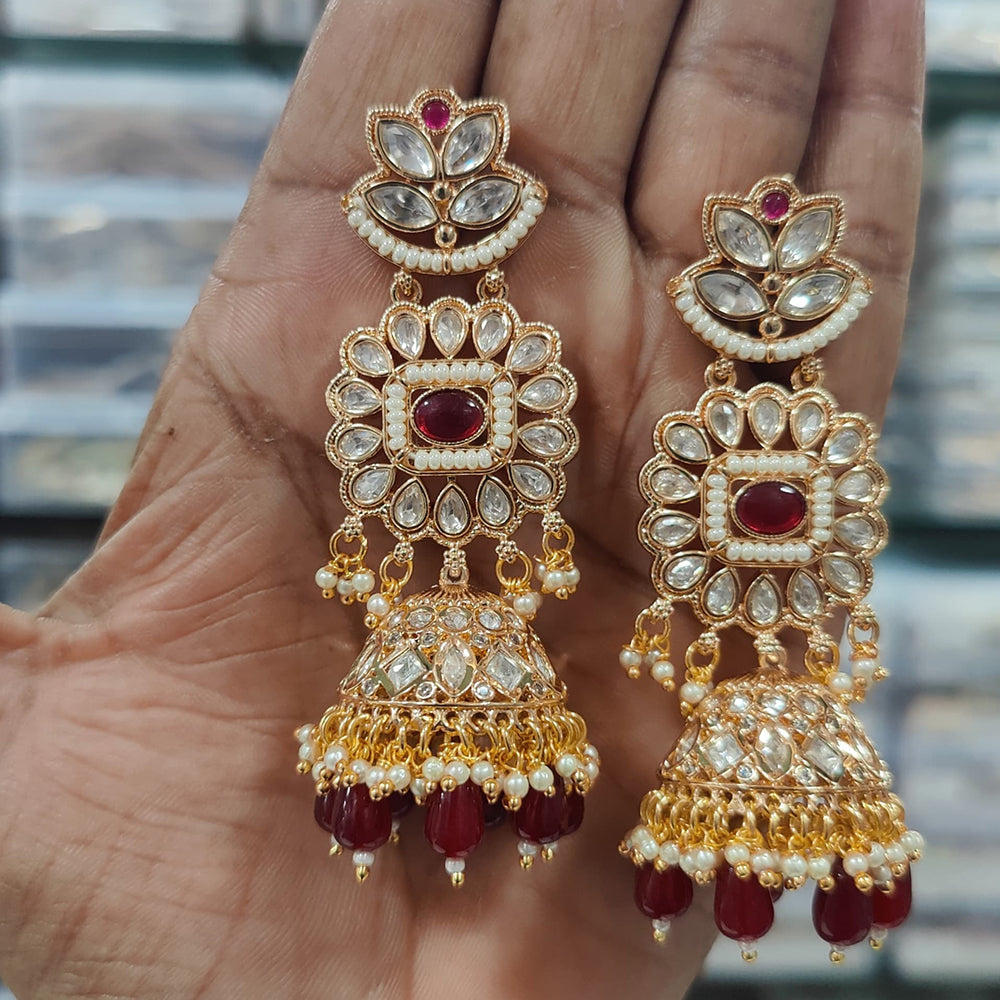 JCM Gold Plated Polki Kundan And Beads Jhumki Earrings