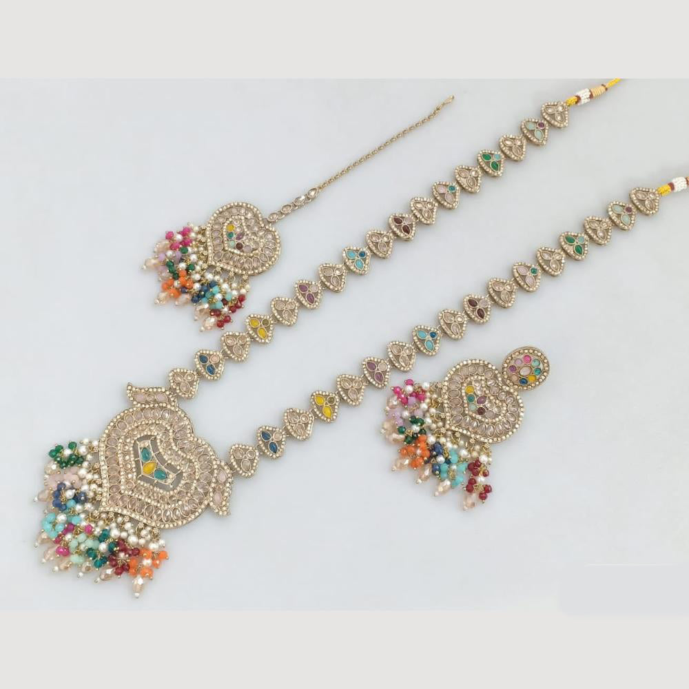 JCM Gold Plated Crystal And Pota Stone And Pearls Beads Long Necklace Set