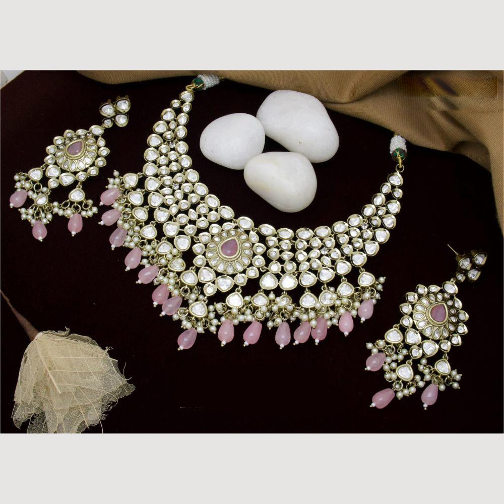 JCM Gold Plated Polki Kundan Stone And Beads Necklace Set