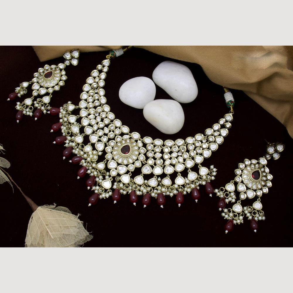 JCM Gold Plated Polki Kundan Stone And Beads Necklace Set