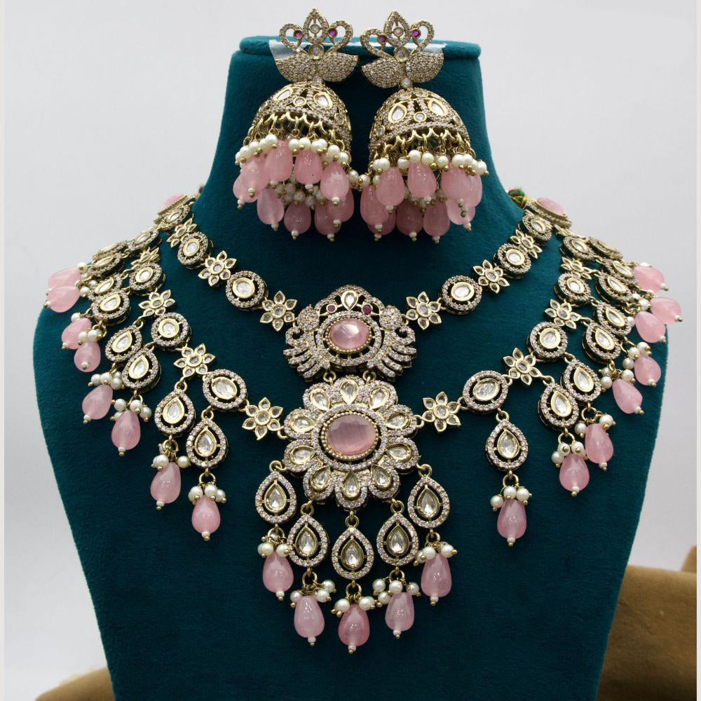 JCM Gold Plated Polki Kundan Stone And Beads Necklace Set