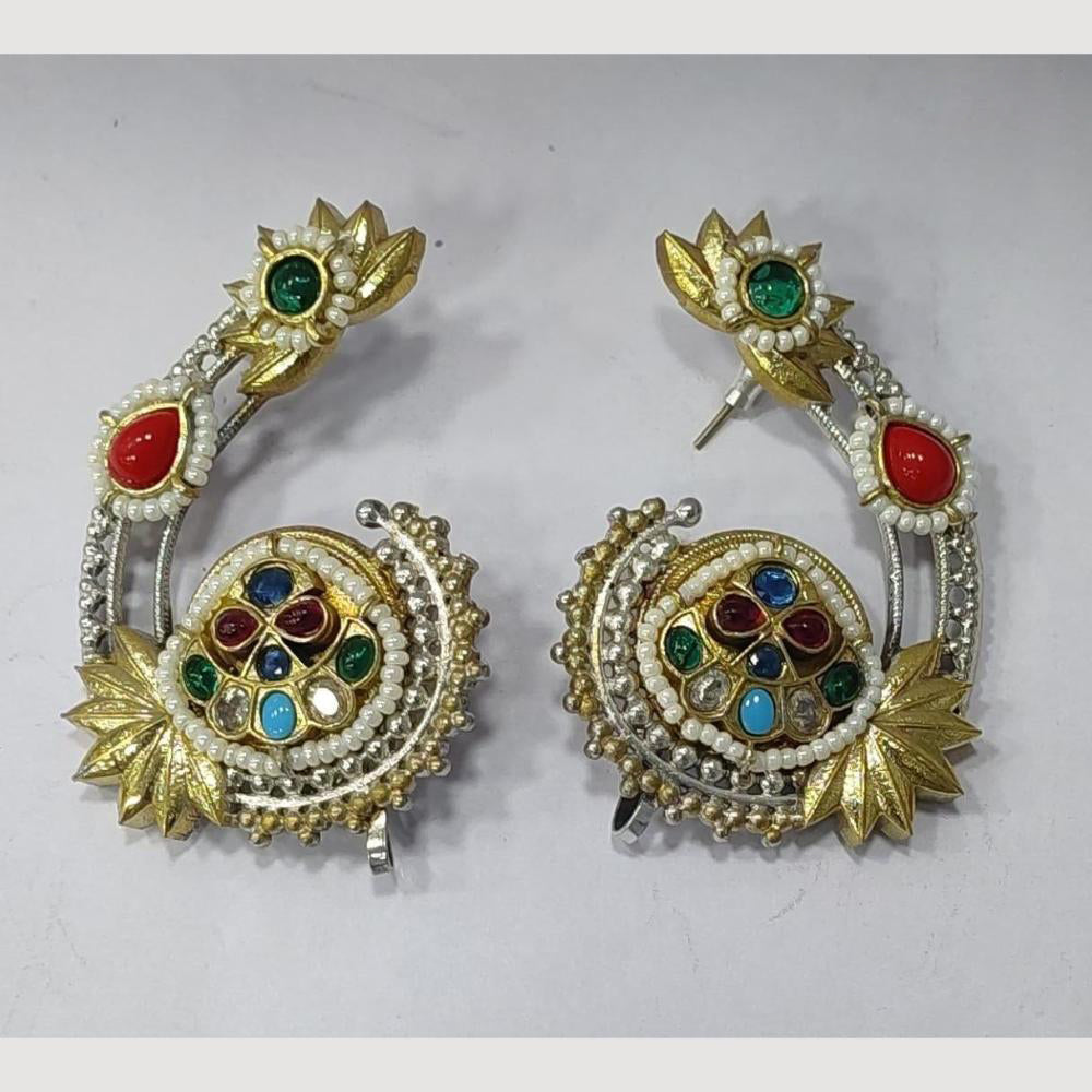 JCM 2 Tone Plated Pota Stone And Pearls Dangler Earrings
