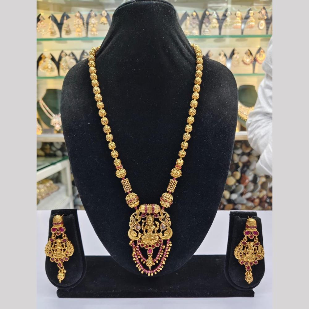 JCM Gold Plated Pota Stone And Pearls Temple Long Necklace Set