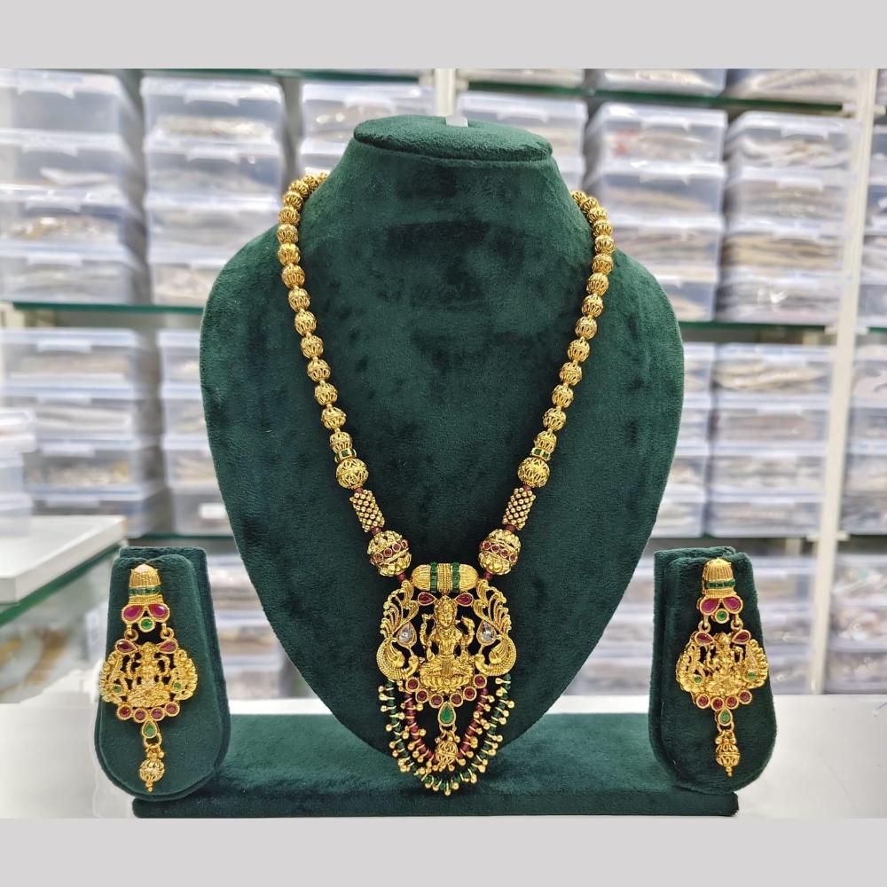 JCM Gold Plated Pota Stone And Pearls Temple Long Necklace Set