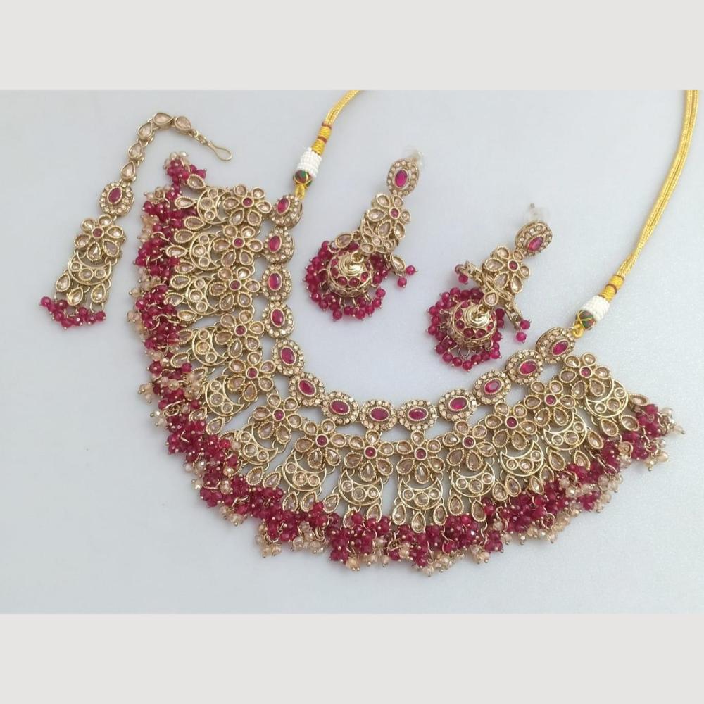 JCM Traditional Austrian Stones & Pearl Beaded Necklace Set with Maang Tikka