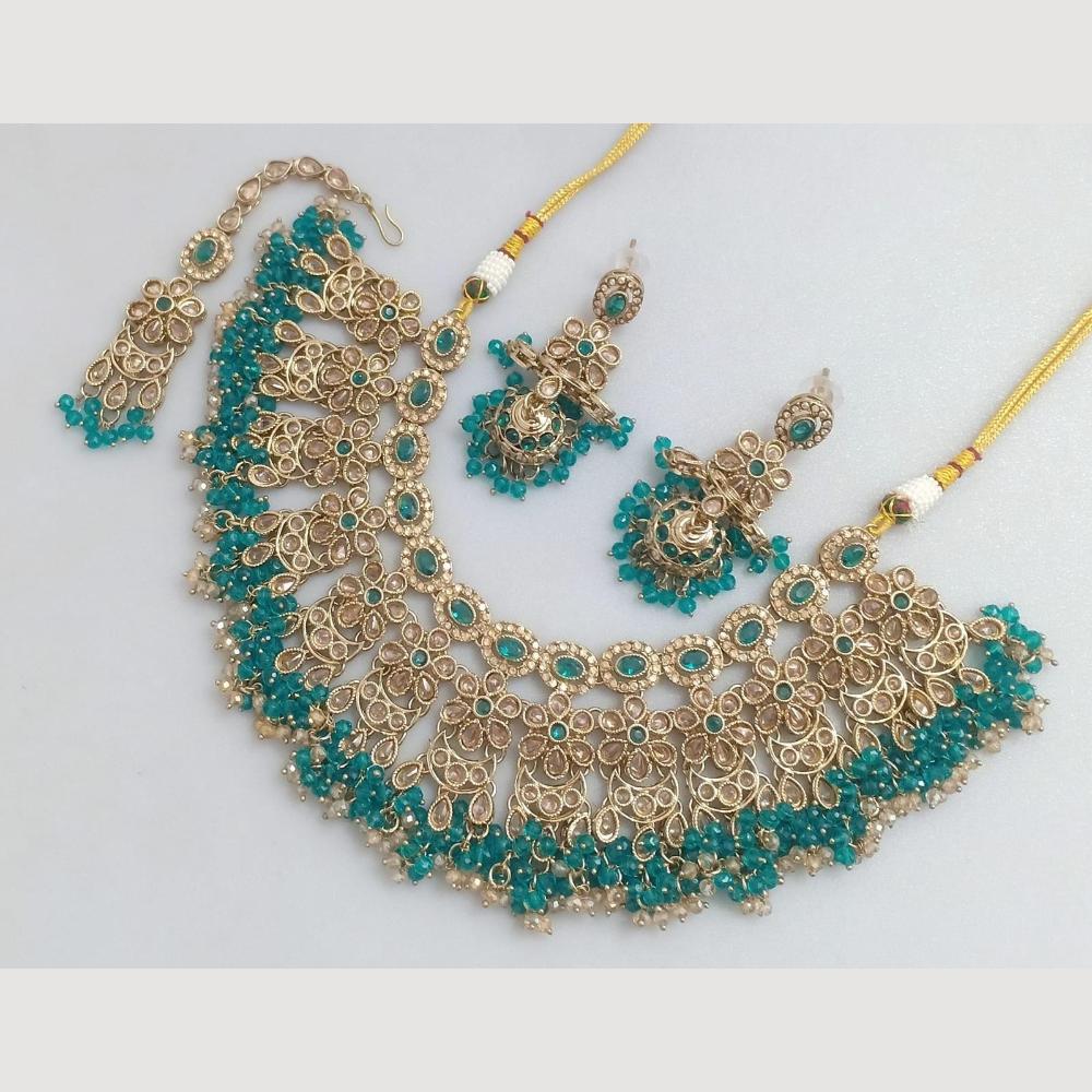 JCM Traditional Austrian Stones & Pearl Beaded Necklace Set with Maang Tikka